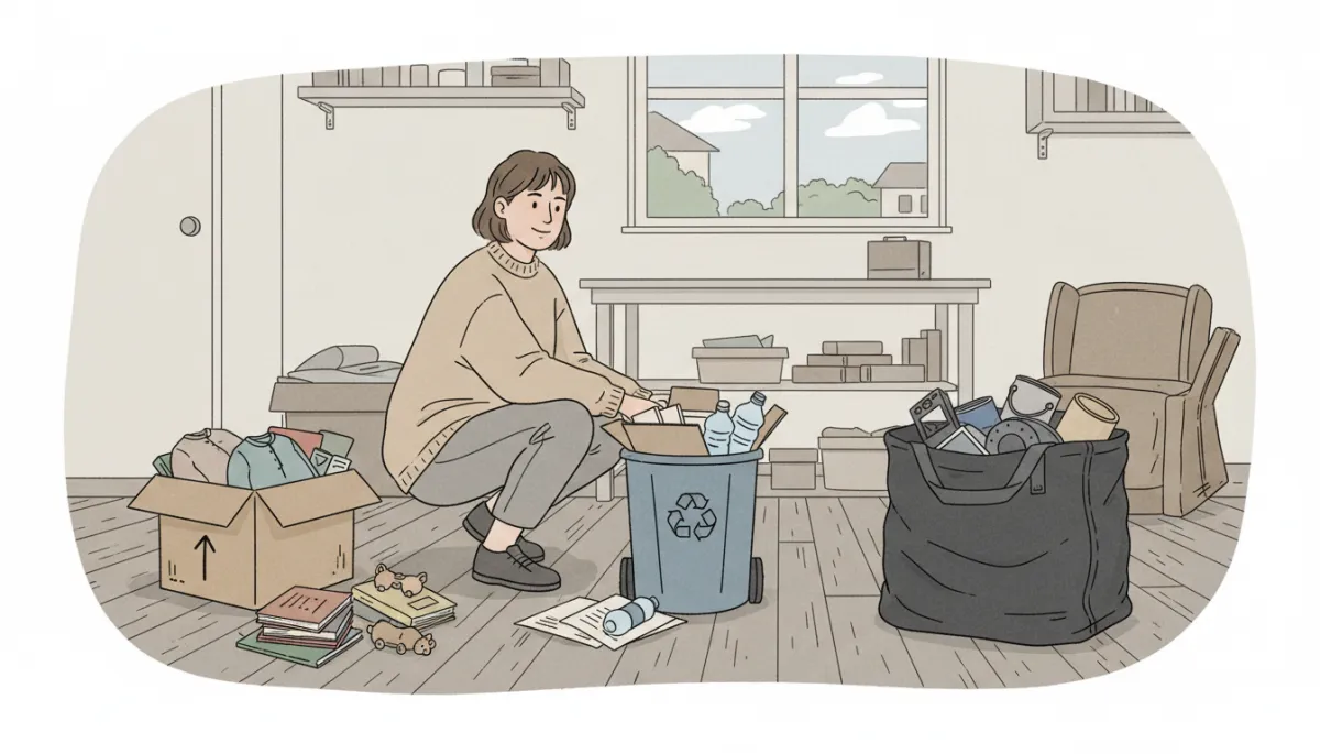Illustration of a Malden MA homeowner sorting junk into donate, recycle, and dumpster bag piles