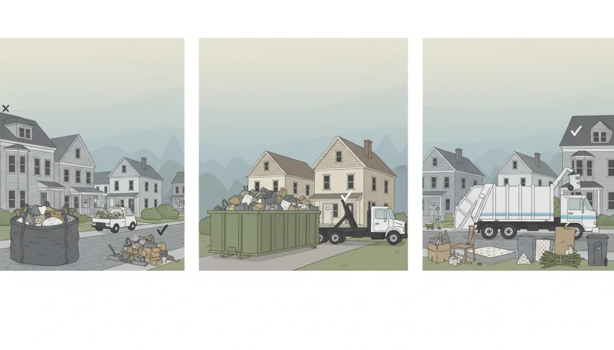 Illustration comparing dumpster bag, roll-off dumpster, and curbside bulk pickup options in Malden MA