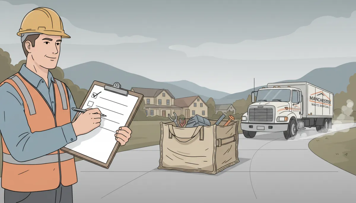 Illustration of a contractor following a checklist beside a ready-for-pickup dumpster bag in Manchester-by-the-Sea