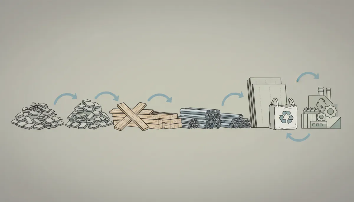 Illustration of sorted construction debris being loaded into a dumpster bag for recycling-friendly removal