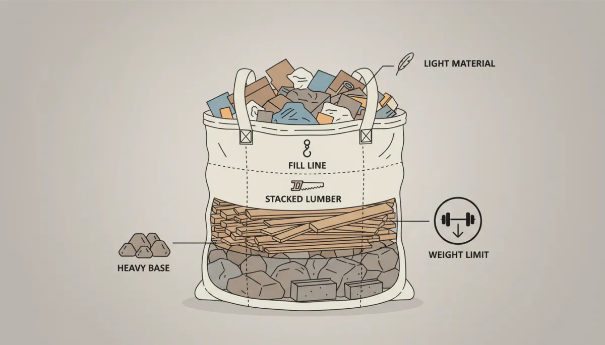Illustration cross-section of a properly layered dumpster bag showing heavy debris at the bottom and lighter materials on top