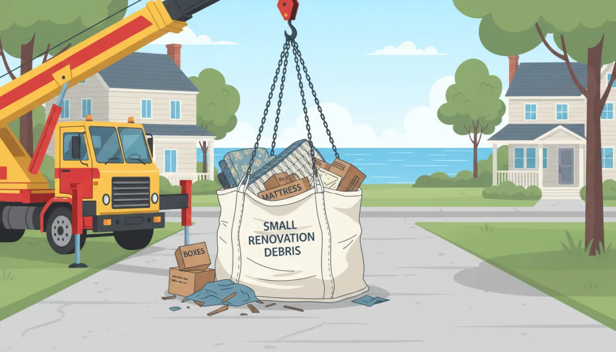 Illustration of a full dumpster bag on a Marblehead driveway ready for bulk item pickup