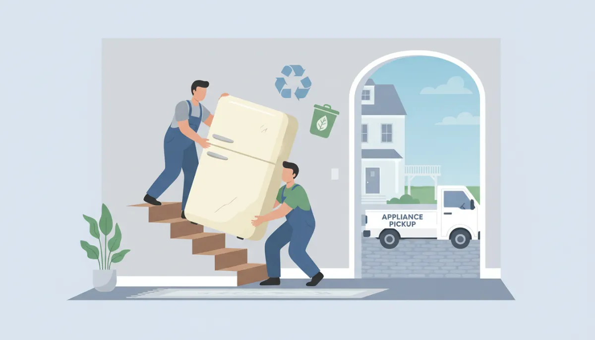 Illustration of workers removing an old refrigerator from a Marblehead home for appliance pickup and recycling