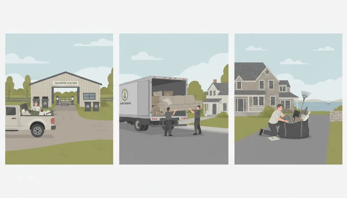Illustration comparing self-hauling to the transfer station, junk removal truck service, and a dumpster bag for bulk disposal in Marblehead