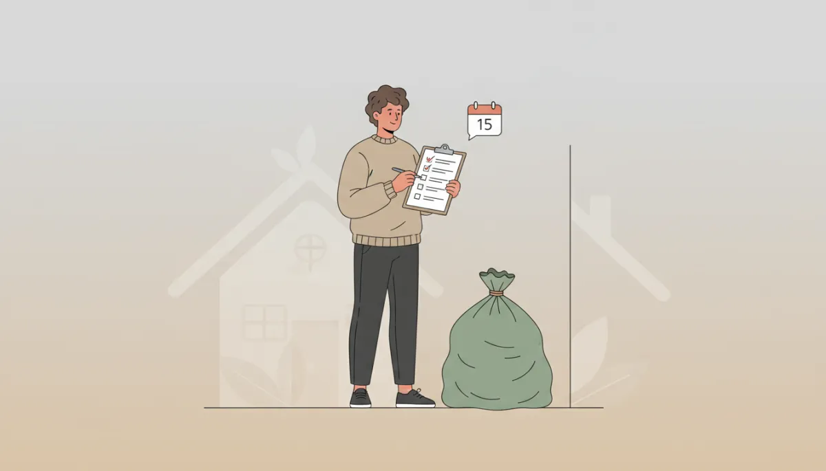 neutral-color illustration of a Medfield homeowner checking a checklist on a clipboard next to a green junk bag and a small calendar icon