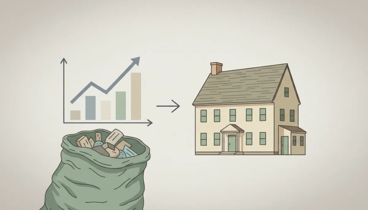 neutral-color illustration of a simple price chart next to a green junk bag and a Medfield-style house, emphasizing clear affordable pricing