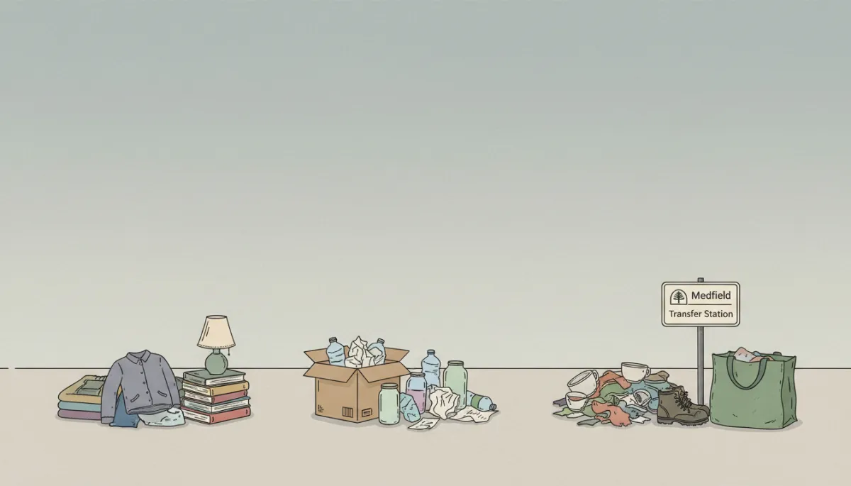 neutral-color illustration of sorted junk piles labeled donate, recycle, dispose next to a green bag and a small Medfield Transfer Station sign, clean and simple