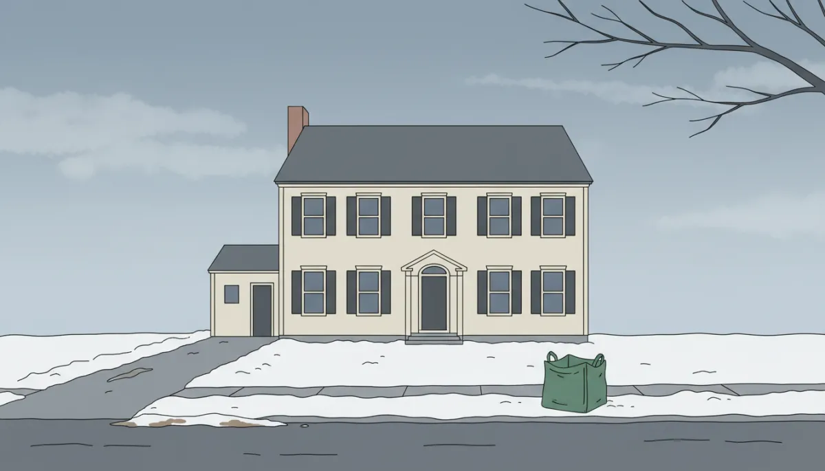 neutral-color illustration of a Medfield MA colonial home with narrow driveway, snowbanks along the street, and a green junk bag placed carefully near the curb, simple friendly style