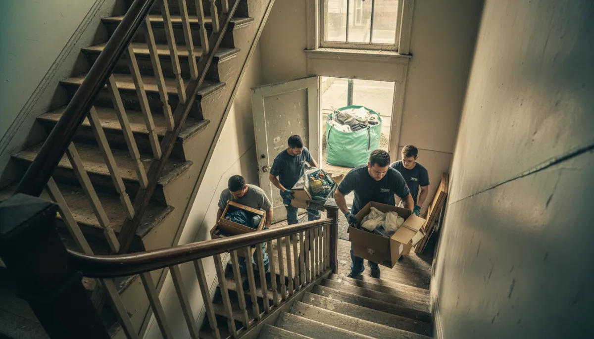 Carrying junk down stairs to a dumpster bag in Melrose, MA