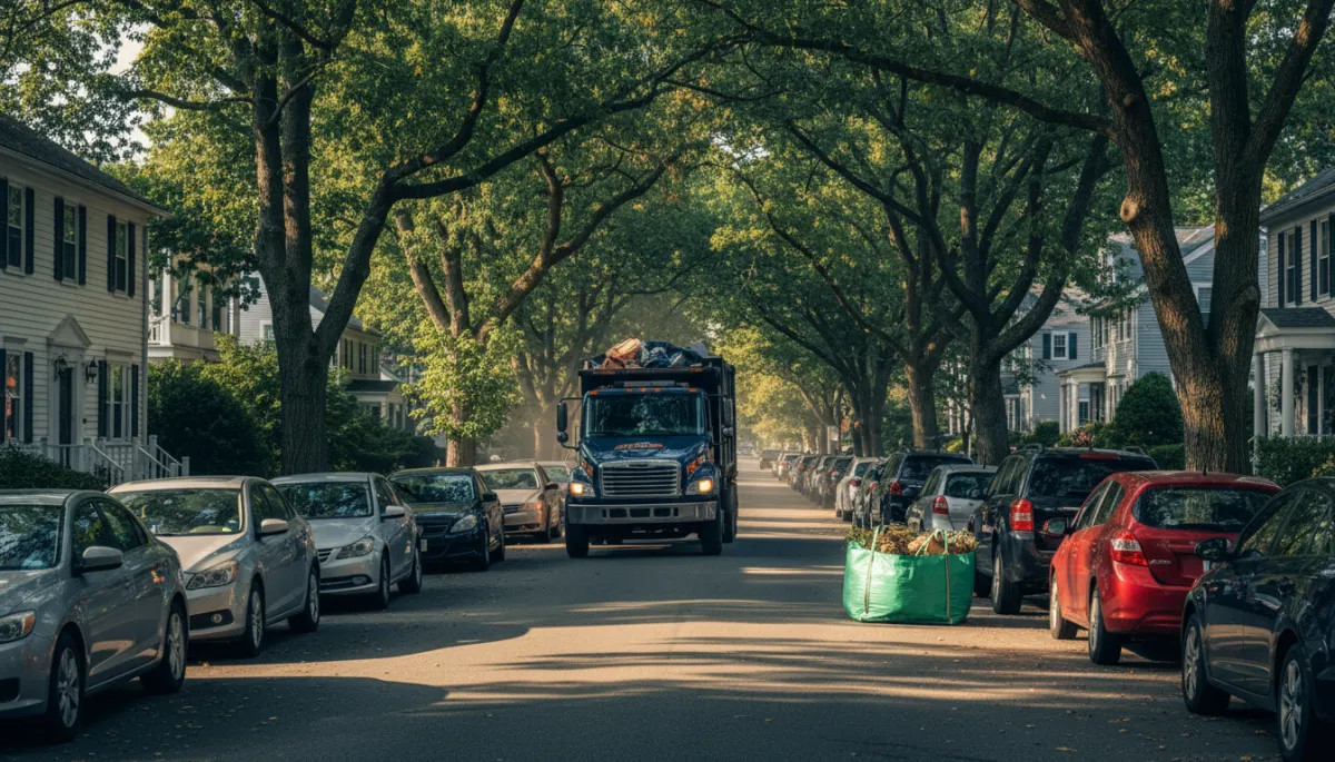 Junk removal truck on a narrow residential street in Melrose, MA