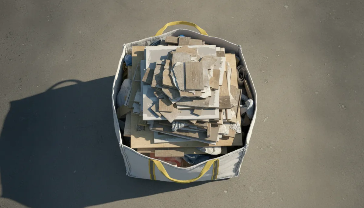 Neatly loaded construction debris dumpster bag in a Methuen MA driveway