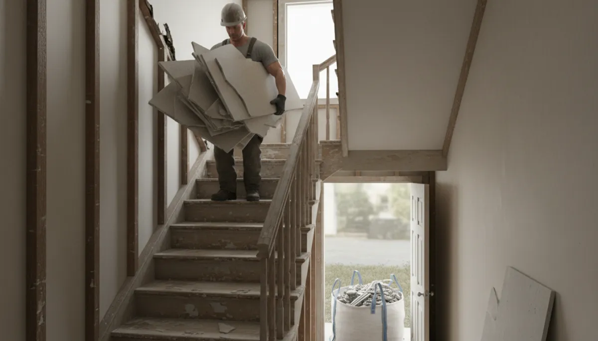 Contractor carrying construction debris down stairs in a Methuen MA multi-family home