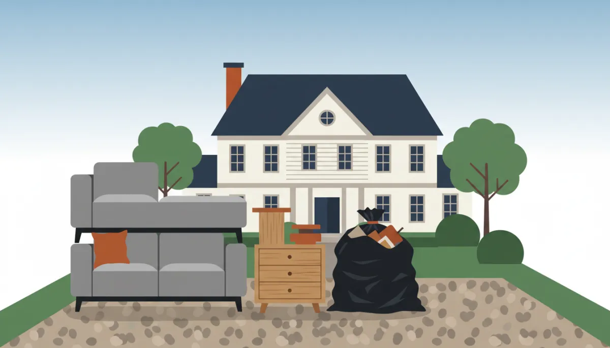 Bulky furniture prepared for pickup in a Milton, MA driveway beside a junk removal bag