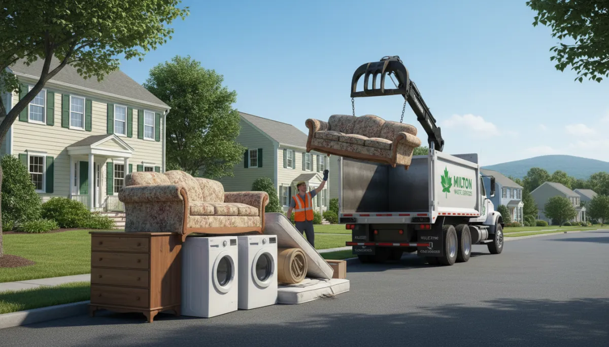 Please add a 4th illustration image to this post using the Illustration Image creator. Place it in a relevant section. The image should be relevant to bulk item pickup in Milton, MA.. Context: This is for a blog post about "Bulk Item Pickup in Milton, MA: How to Get Rid of Furniture &amp; Appliances Fast". Style: Professional quality, photorealistic, high resolution