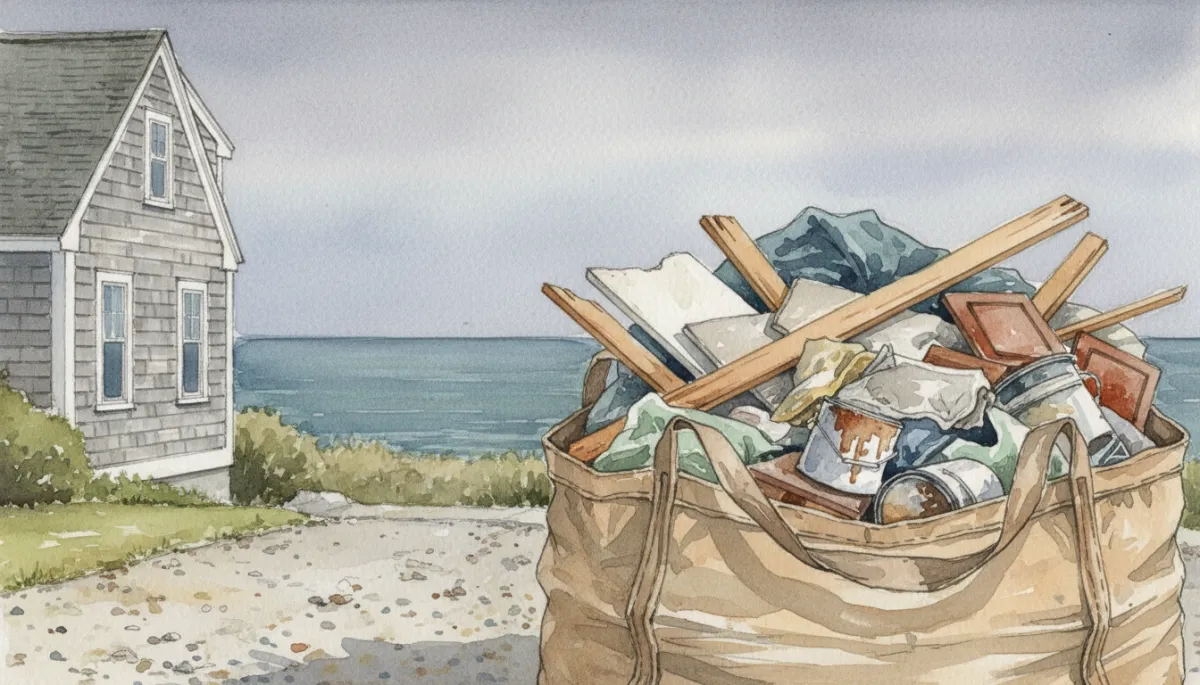 Neatly filled dumpster bag with renovation debris beside a Nahant coastal home driveway