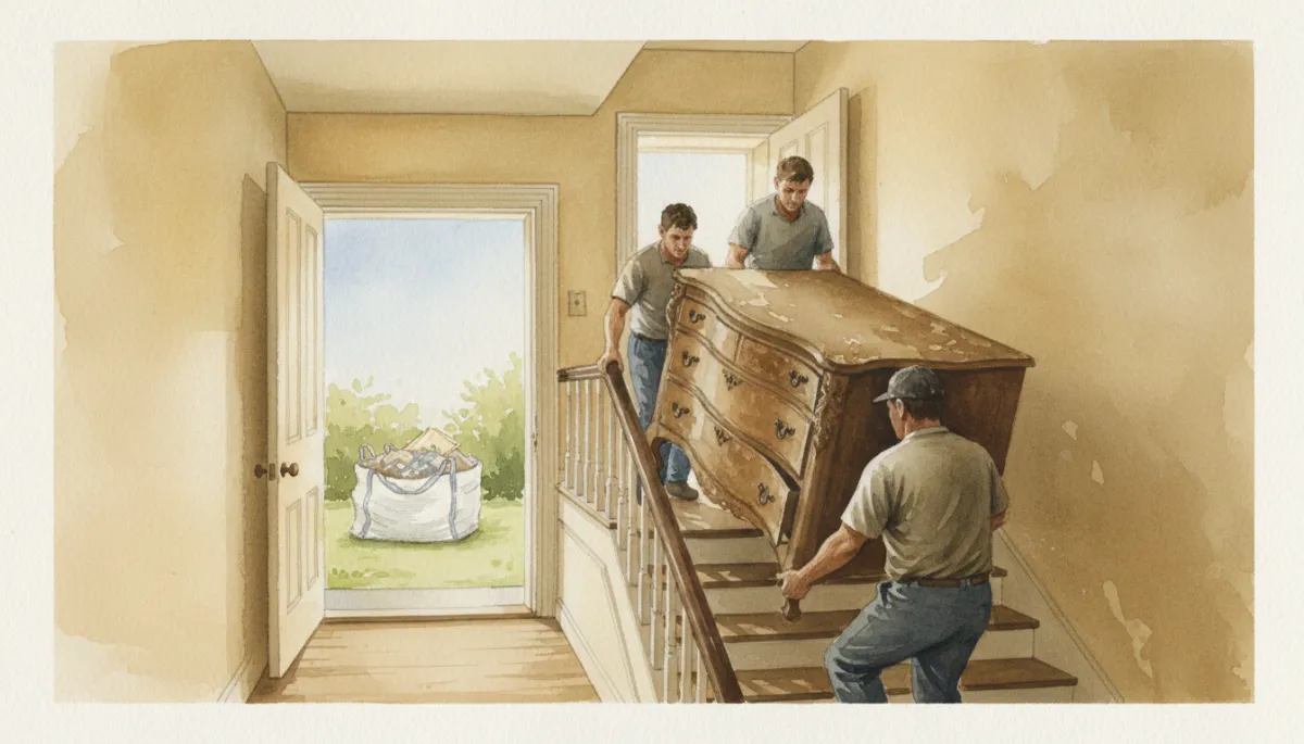 Workers carrying old furniture down a narrow stairway toward a waiting dumpster bag outside a Nahant home
