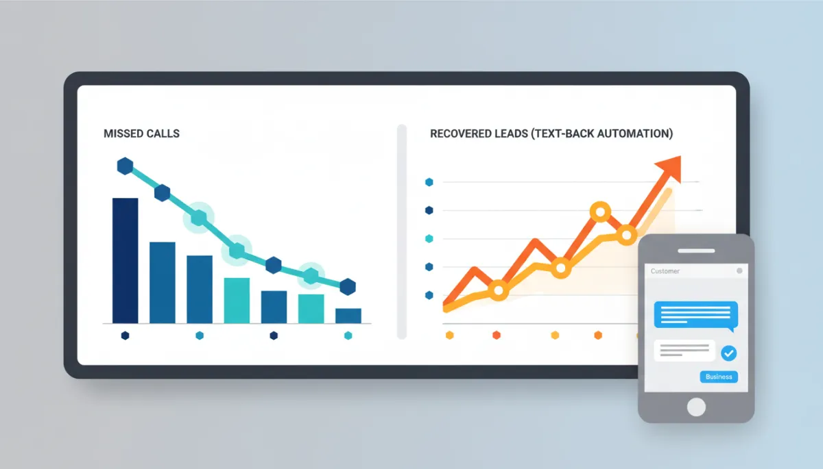 Analytics dashboard comparing missed calls to leads recovered via text-back automation