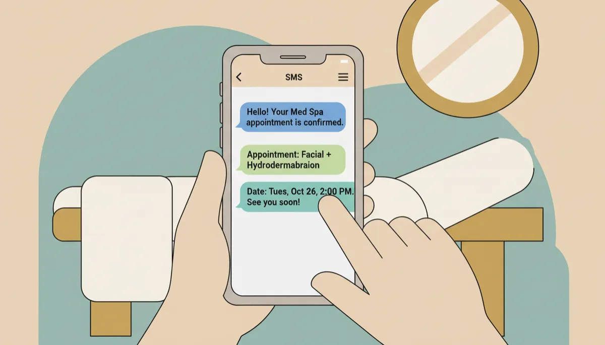 Phone screen showing automated AI text confirming a med spa booking