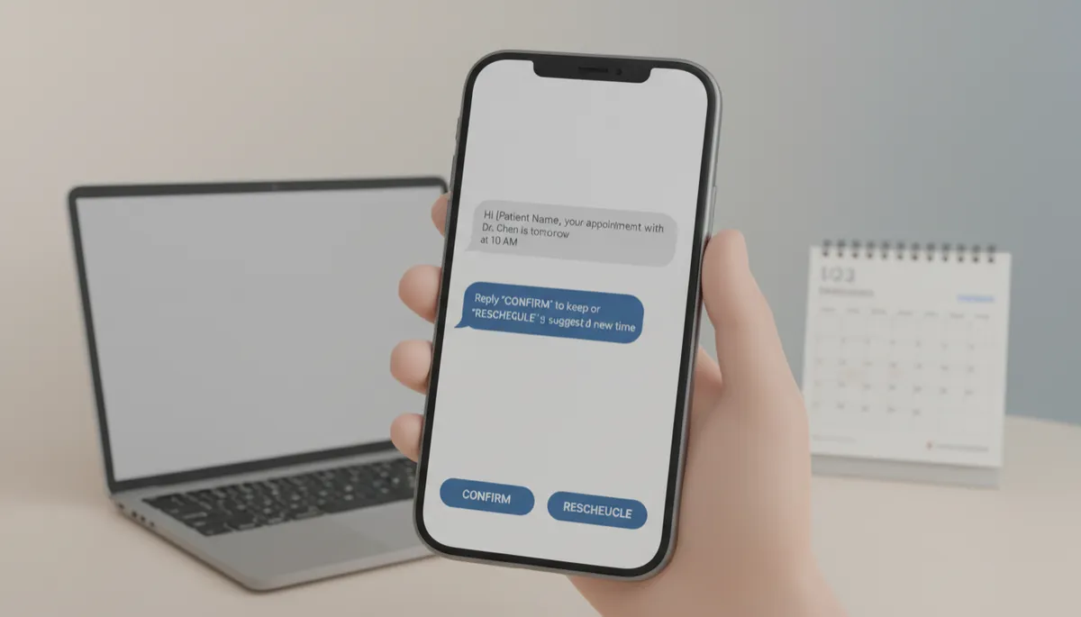 Smartphone showing a two-way healthcare appointment reminder text thread