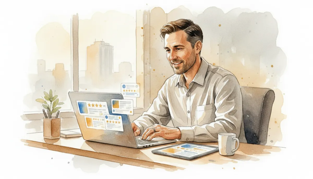 Roofing business owner reviewing automated online customer reviews on a laptop Roofing business owner reviewing automated online customer reviews on a laptop
