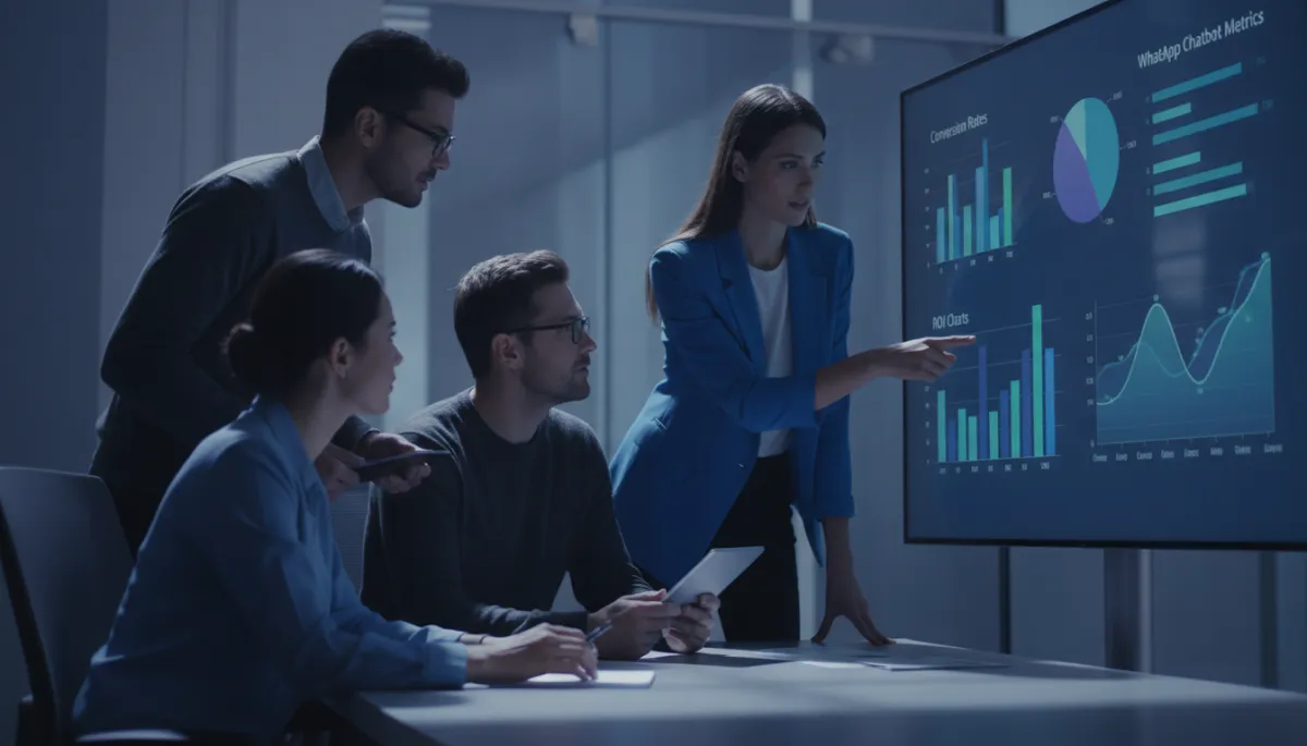 Equipo de marketing revisando métricas de un chatbot de WhatsApp y ROI en una pantalla grande Equipo de marketing revisando métricas de un chatbot de WhatsApp y ROI en una pantalla grande