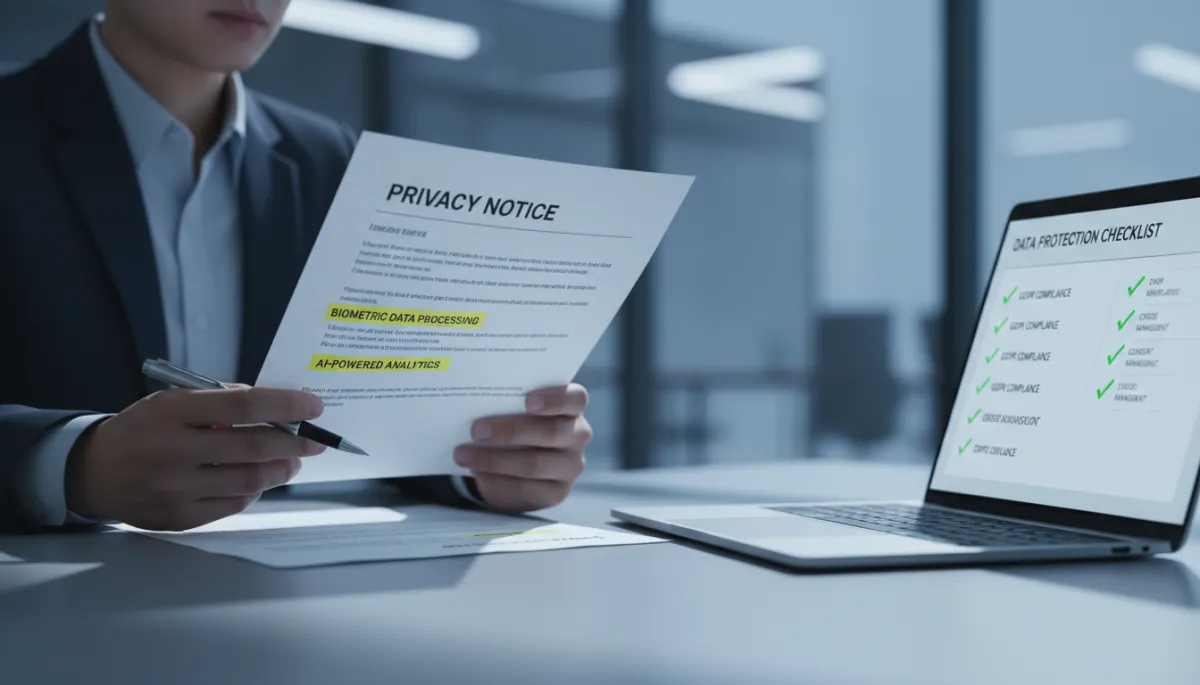 Oficial de cumplimiento revisando un aviso de privacidad con referencias a biometría e IA Oficial de cumplimiento revisando un aviso de privacidad con referencias a biometría e IA