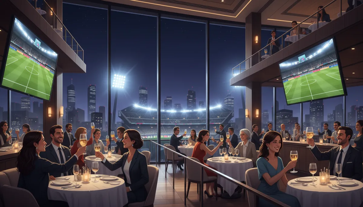 Vista nocturna de un restaurante elegante en Guadalajara con pantallas mostrando un partido del Mundial 2026, comensales internacionales brindando y el estadio iluminado al fondo, ambiente moderno y sofisticado