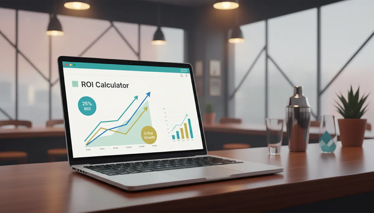 Captura de pantalla nítida de una calculadora de ROI en una laptop sobre una barra de restaurante moderno en Guadalajara, con gráficos de crecimiento y cifras resaltadas