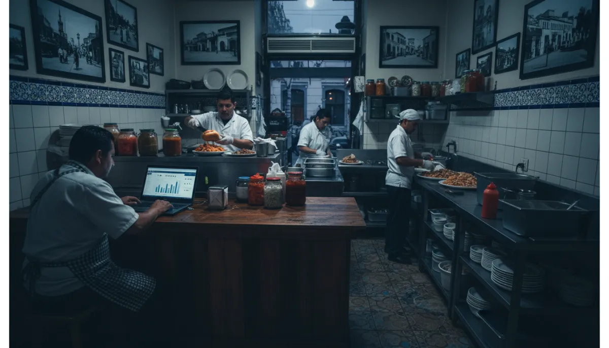 photorealistic interior of a small traditional Mexican tortas ahogadas restaurant in Guadalajara at dusk, cool bluish ambient light with deep shadows, owner reviewing sales and review analytics on a laptop at the counter while staff prepares food in the background, cool shadows color palette