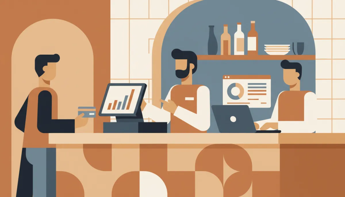 Pequeño restaurante usando un sistema de punto de venta moderno en el mostrador
