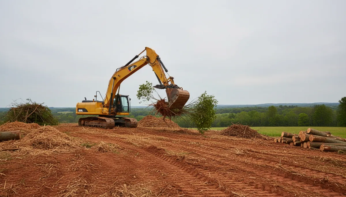 Photorealistic excavator clearing trees and brush on a rural North Alabama homesite