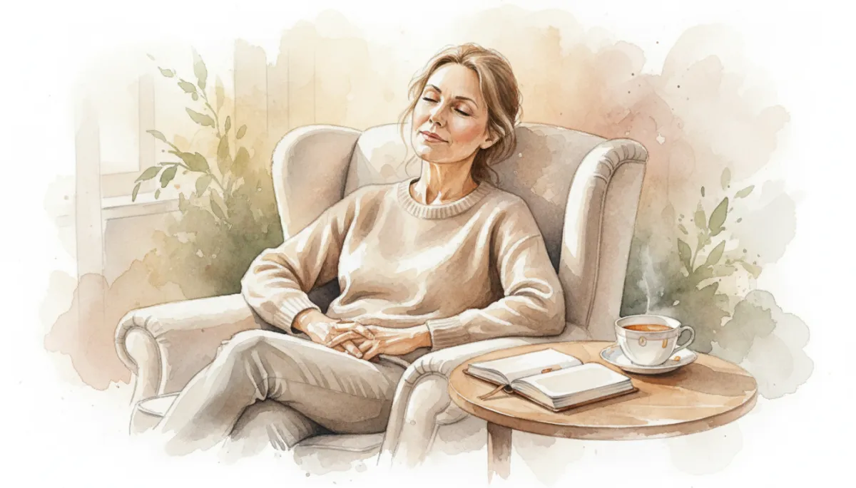 Woman sitting quietly with a journal and tea beside her in a peaceful space Woman sitting quietly with a journal and tea beside her in a peaceful space