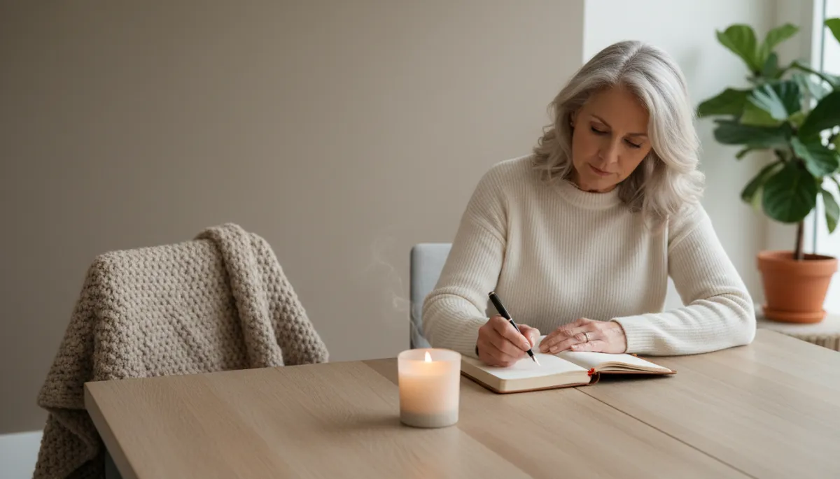 Woman journaling calmly with candle and blanket nearby Woman journaling calmly with candle and blanket nearby