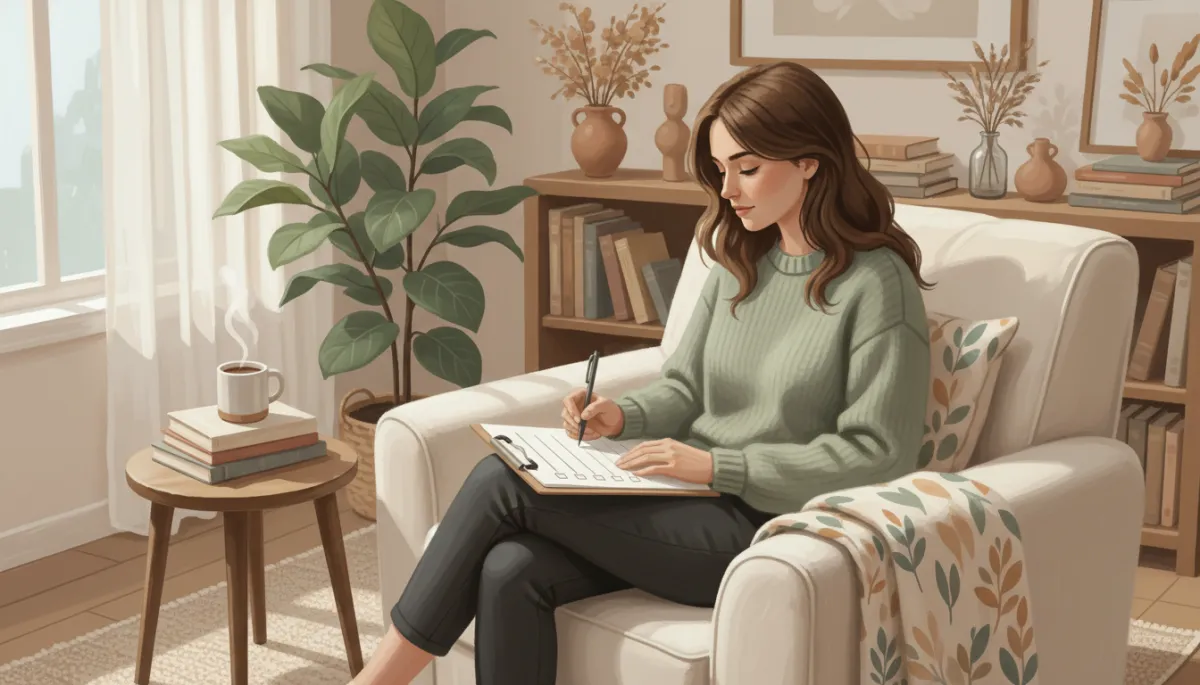 A realistic photo of a woman in a calm, softly lit space, thoughtfully filling out a well-being checklist with a pen and paper. The setting includes natural elements, such as a cozy chair, gentle window light, and subtle signs of everyday life. The woman's expression is natural and focused, with authentic, relatable details.