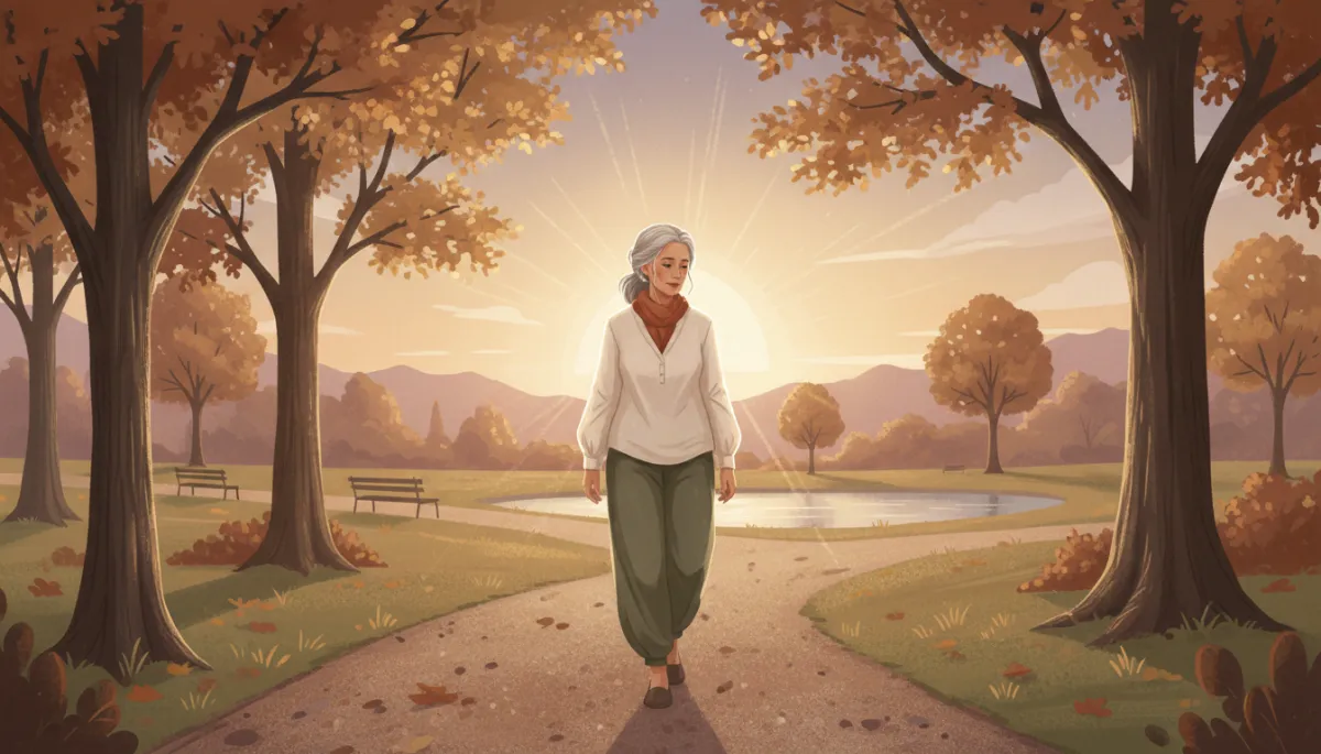A realistic, serene photo of a mature woman walking thoughtfully through a quiet park at sunset. The lighting should be natural and warm, capturing a peaceful, introspective mood. The woman should appear genuine and relatable, dressed casually, with the soft colors of The Wise Woman Mentor palette subtly present in the scene (such as clothing, foliage, or sky tones). A realistic, serene photo of a mature woman walking thoughtfully through a quiet park at sunset. The lighting should be natural and warm, capturing a peaceful, introspective mood. The woman should appear genuine and relatable, dressed casually, with the soft colors of The Wise Woman Mentor palette subtly present in the scene (such as clothing, foliage, or sky tones).