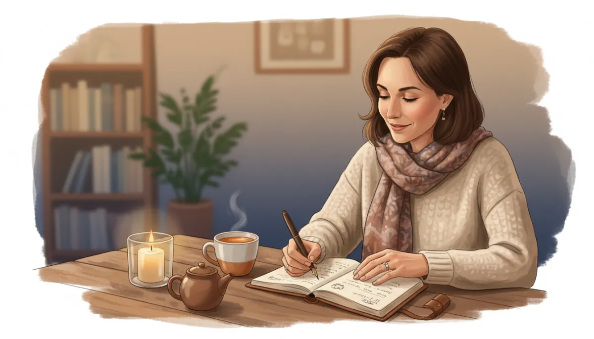 A realistic, candid photograph of a woman in her 40s journaling at a cozy table with a cup of tea and a softly glowing candle, her expression gentle and reflective, capturing an authentic moment of healing and self-discovery. A realistic, candid photograph of a woman in her 40s journaling at a cozy table with a cup of tea and a softly glowing candle, her expression gentle and reflective, capturing an authentic moment of healing and self-discovery.