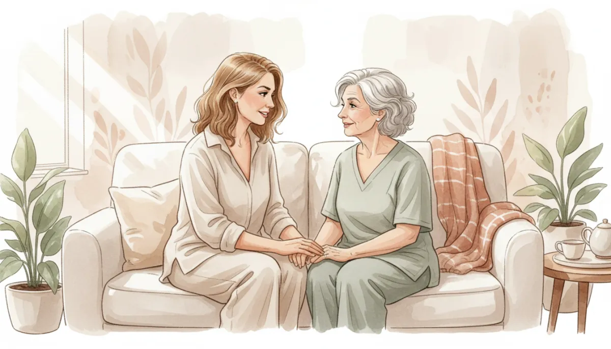 Two women sitting together offering gentle emotional support Two women sitting together offering gentle emotional support