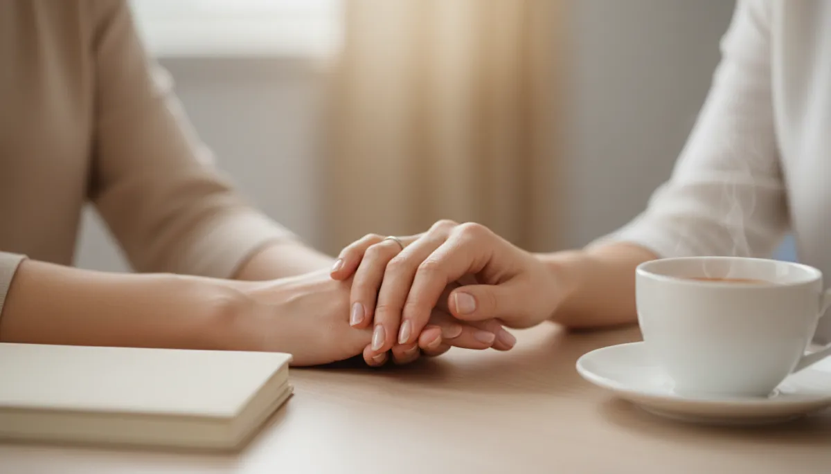 Two women holding hands in a calm, professional setting, offering comfort and support