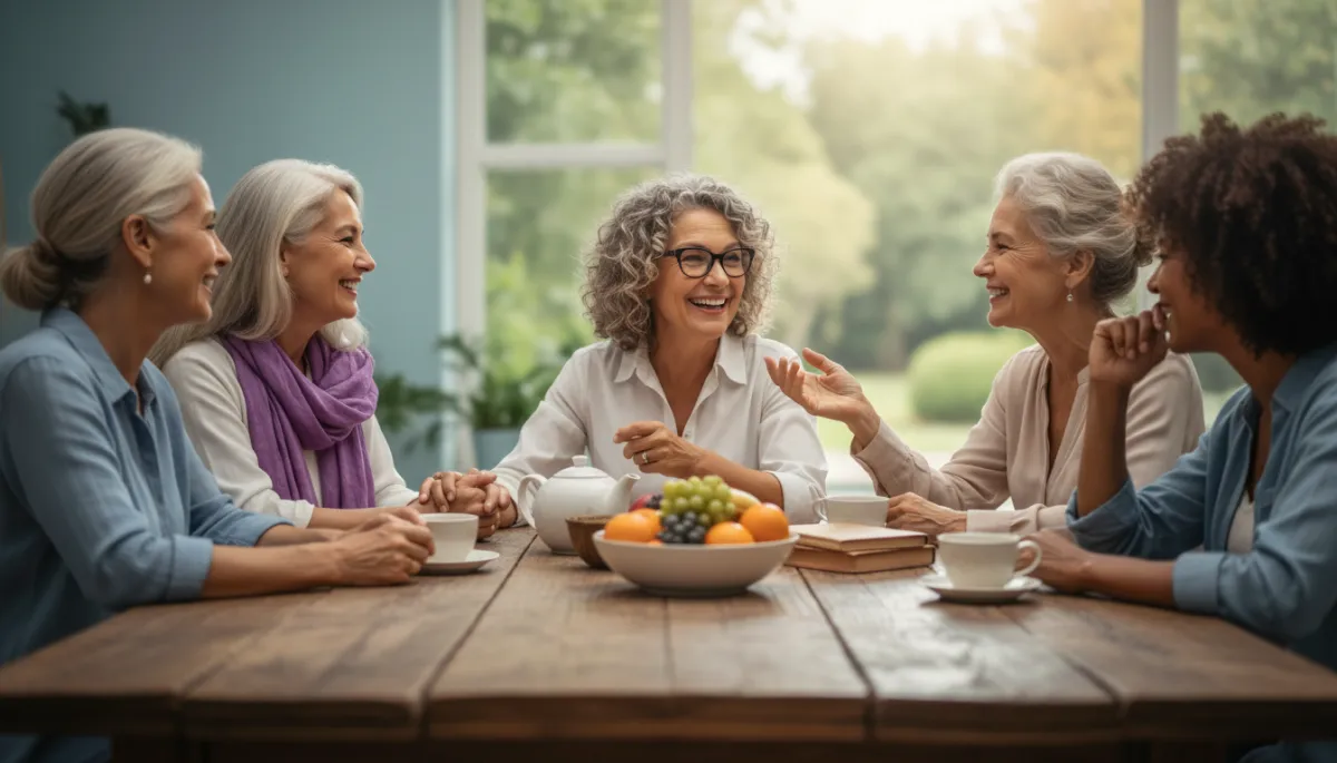 Supportive group in conversation in a calm neutral-toned room