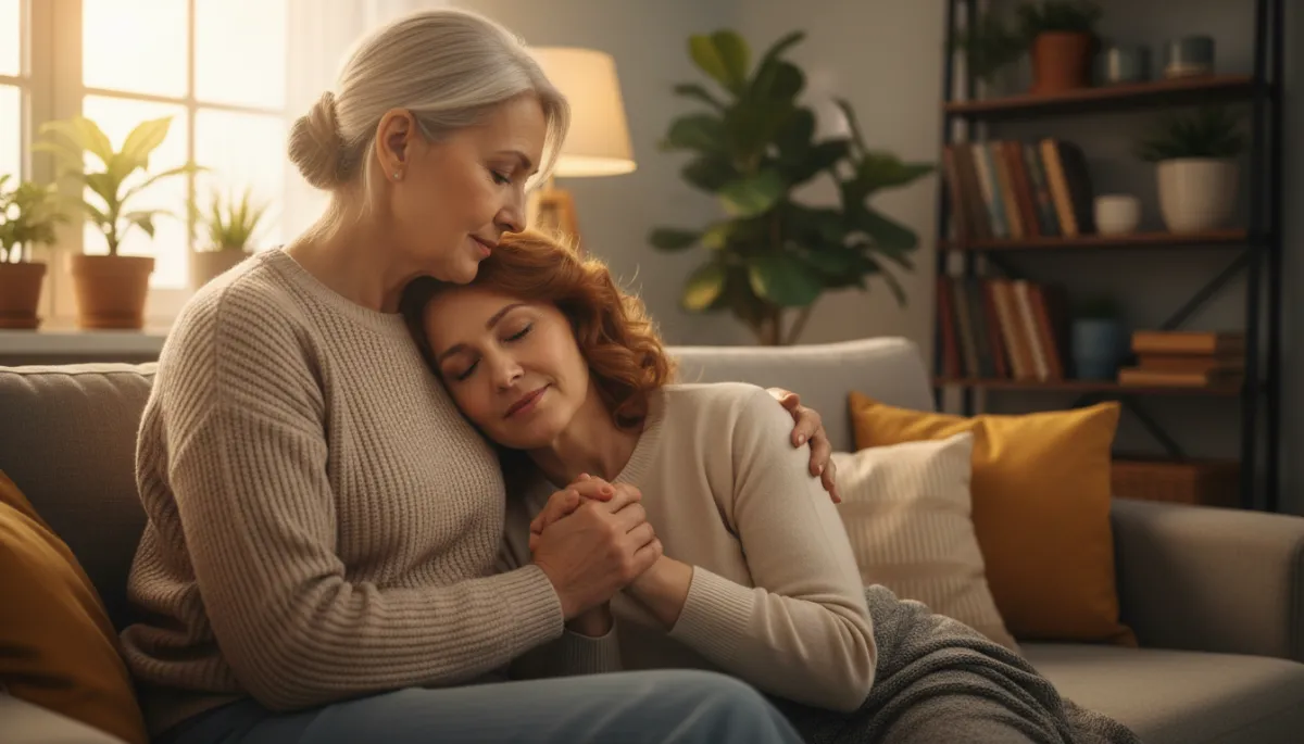 Two people engaged in a calm, supportive healing conversation