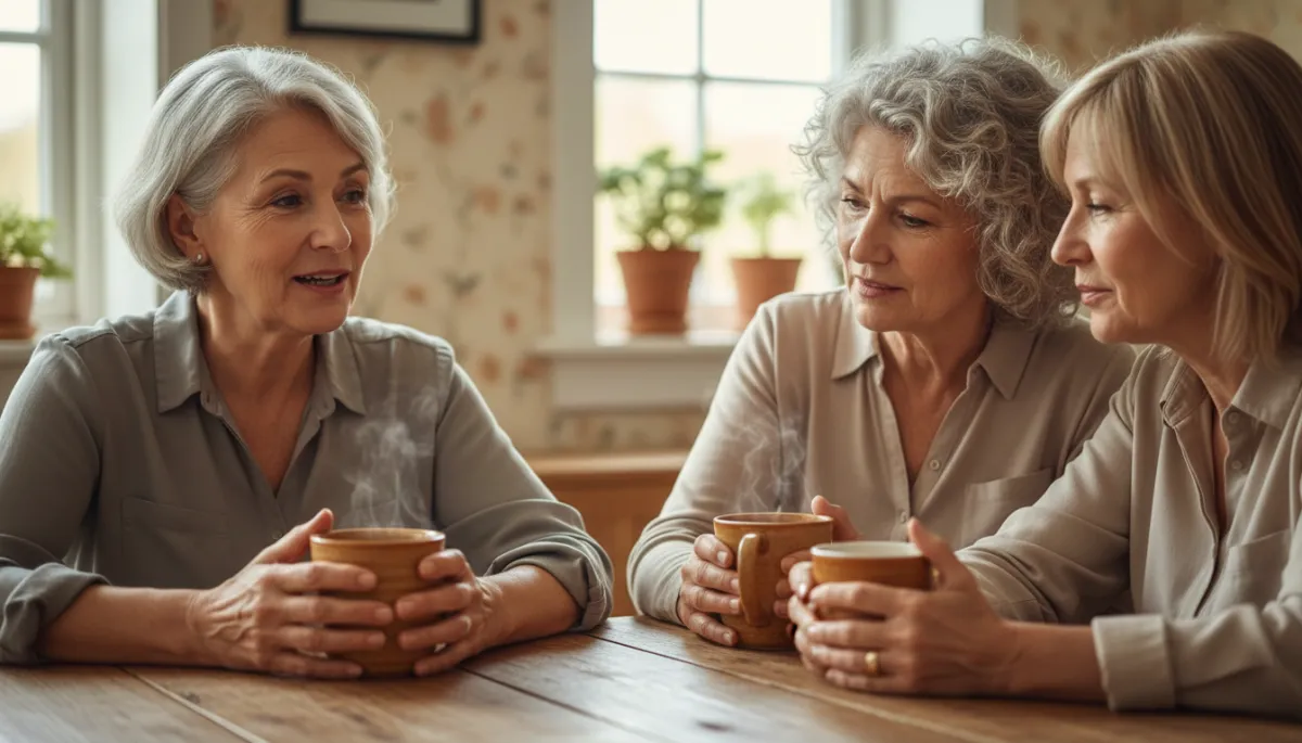 Three older women sitting at a kitchen table listening and talking together