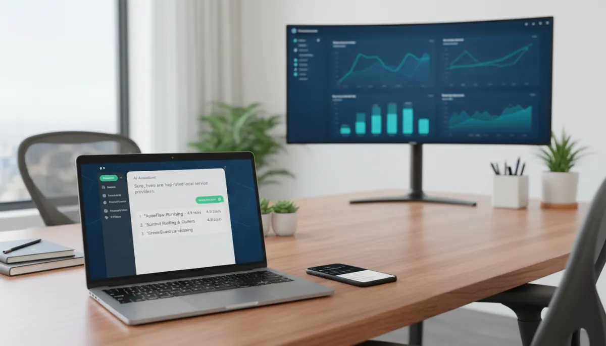 A photorealistic, high-quality image of a modern home office setting with a laptop open on a desk, displaying an AI chatbot interface on the screen. The screen shows a conversation with the AI suggesting top-rated local service providers (such as plumbers or roofers) with business names and ratings visible. A smartphone next to the laptop also displays a similar AI-powered search query. In the background, subtle branding elements like digital marketing analytics charts or SEO dashboards are visible on a second monitor. The scene is well-lit, tidy, and conveys a sense of professionalism and digital sophistication, emphasizing the role of AI search in connecting homeowners with local businesses. No illustrations—only real people, devices, and environments.
