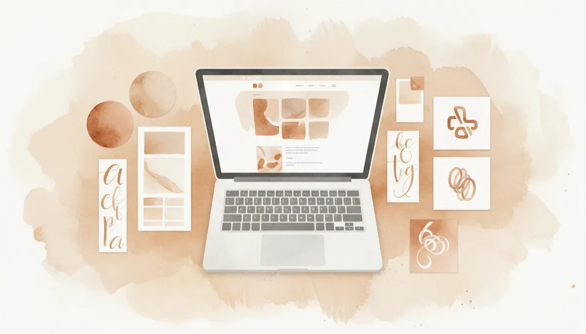 Collection of professional brand assets and website mockup on a desk