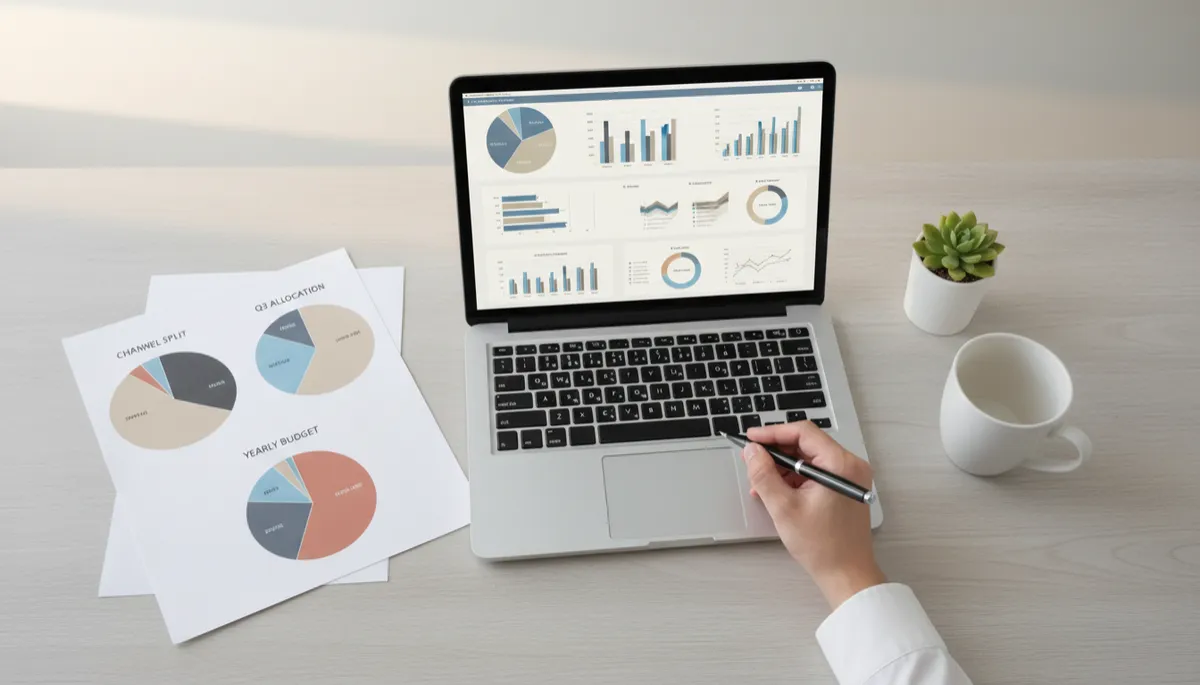 Marketing budget allocation charts by digital channel on a desk