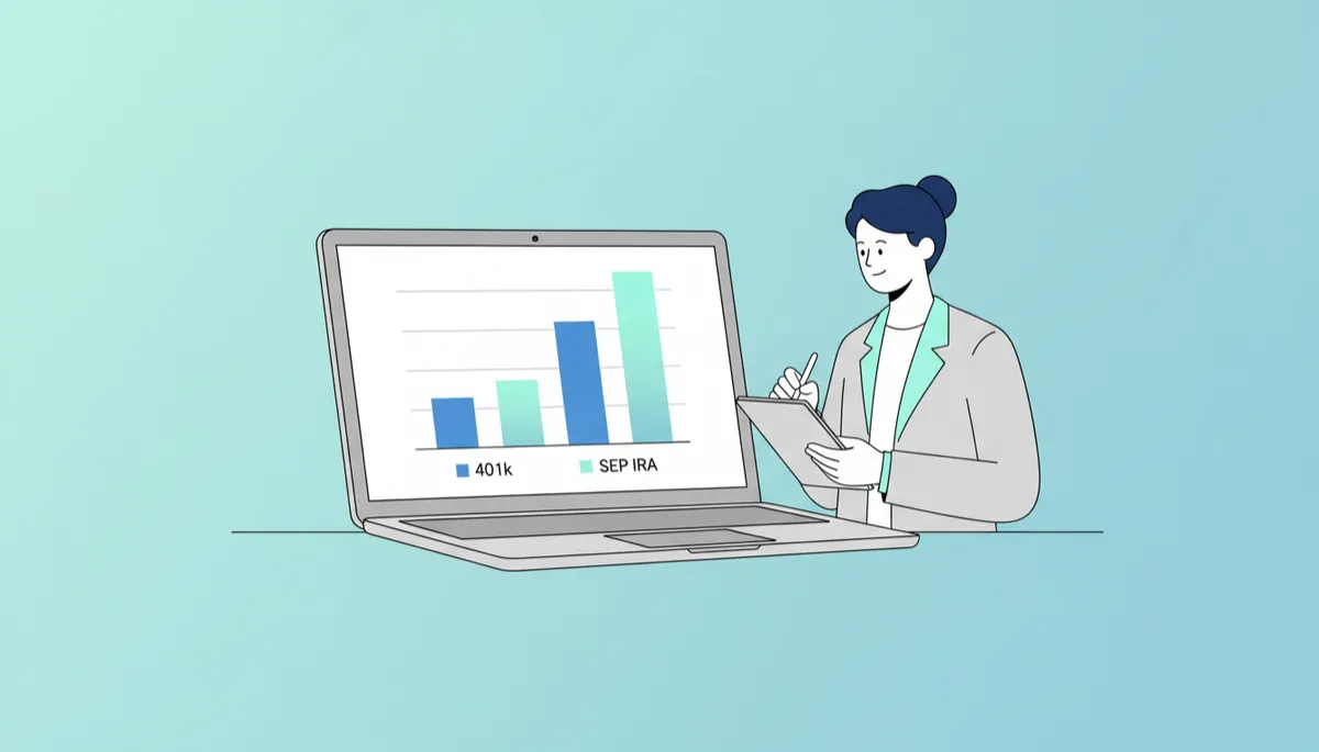 Chart comparing contribution levels for 401(k) and SEP IRA plans on a laptop screen Chart comparing contribution levels for 401(k) and SEP IRA plans on a laptop screen
