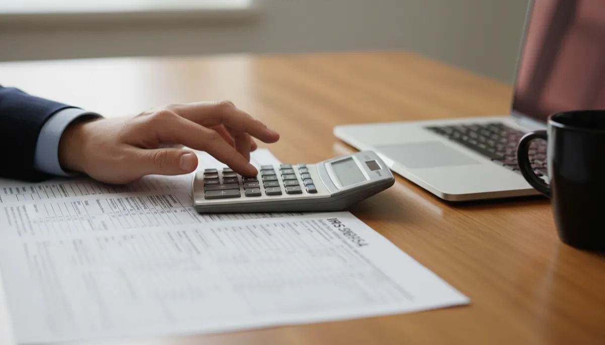 Tax advisor reviewing Form 8995 and Form 8995-A with a calculator Tax advisor reviewing Form 8995 and Form 8995-A with a calculator