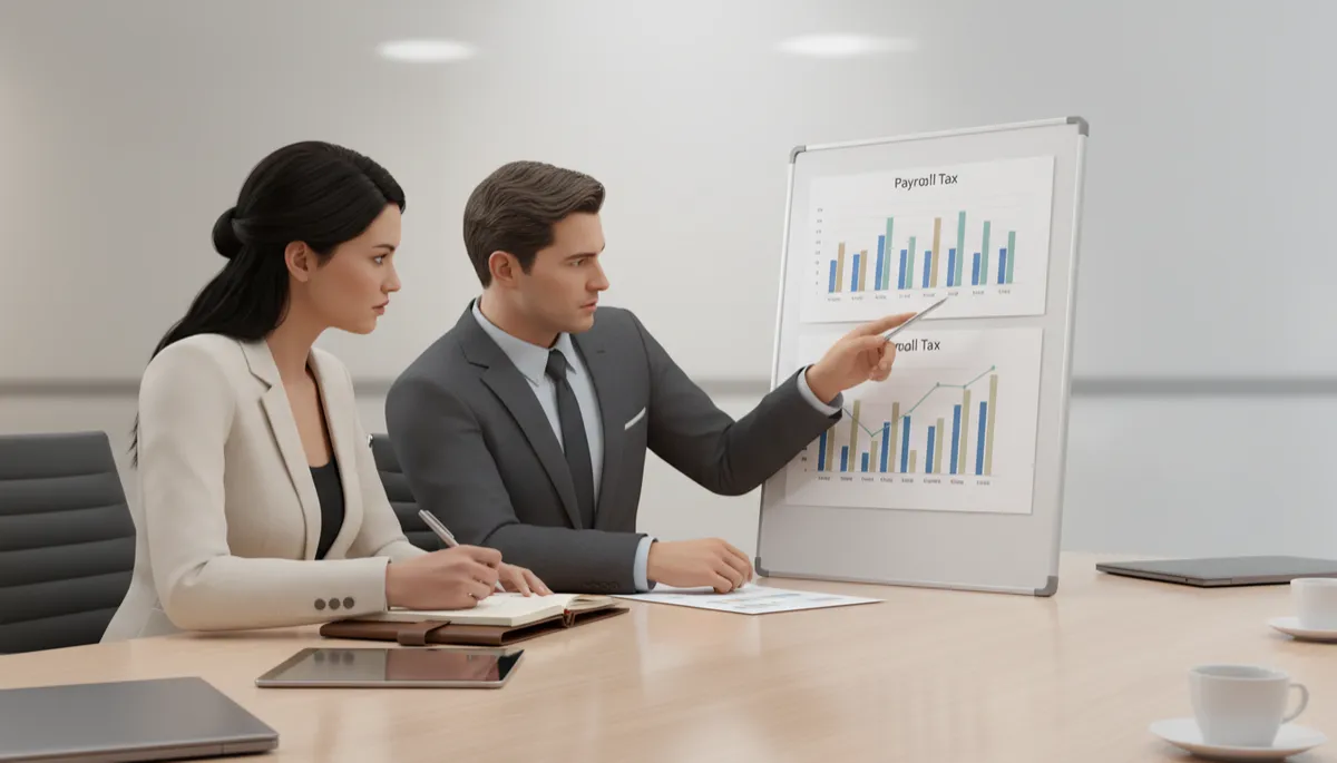 Accountant explaining payroll tax chart to a small business owner Accountant explaining payroll tax chart to a small business owner