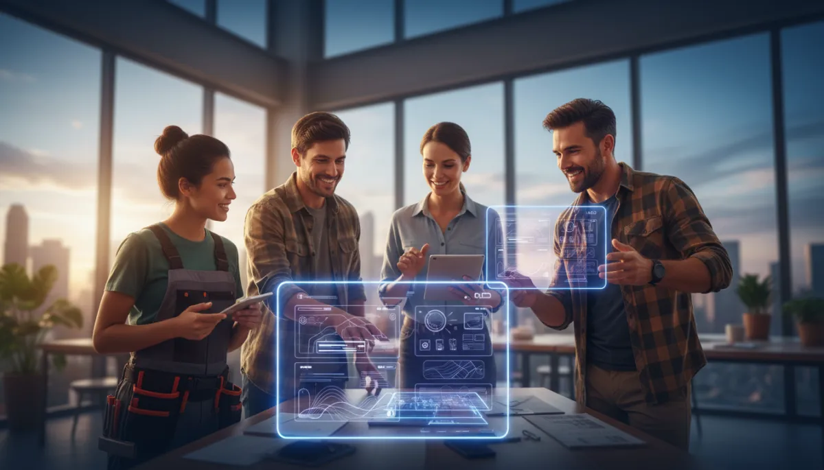 show images of home service business owners in image. Context: This is for a blog post about "The Top 6 Web Design Trends Service Businesses Need in 2026". Style: Professional quality, photorealistic, high resolution