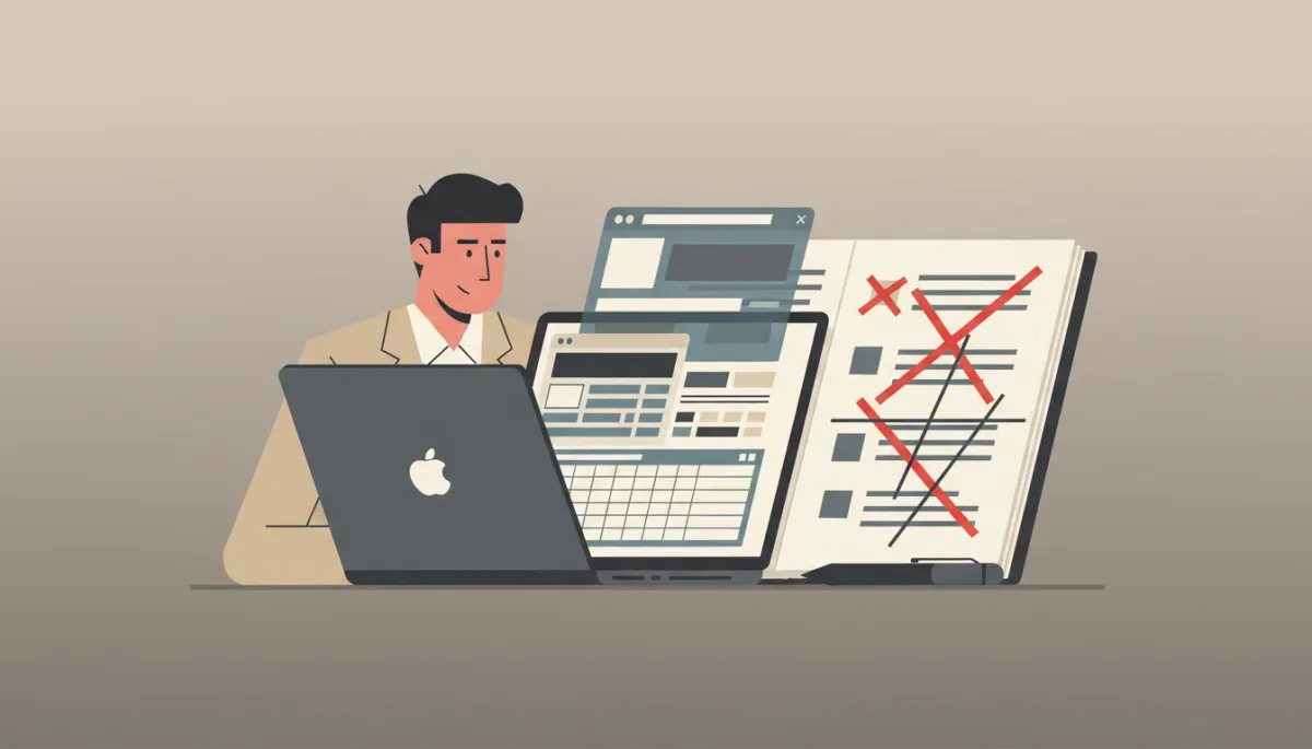 Business owner overwhelmed by multiple plans and spreadsheets on a laptop
