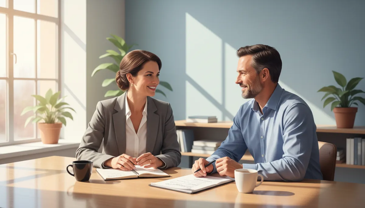 A candid, realistic photograph showing a business owner and a leadership coach engaged in a conversation in a professional office. They are sitting at a table with notebooks and coffee, in a bright, modern space. The image should look natural and authentic, featuring real people.